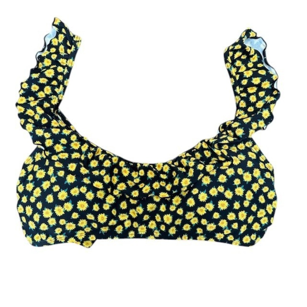 Sunflower Ruffle Swimsuit Top Tie Back‎ Black Yellow Floral Cute Size Lg